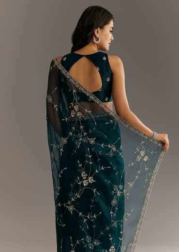Navy Blue Floral Jaal Embroidered Tissue Saree With Cutdana And Sequins
