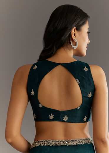 Navy Blue Floral Jaal Embroidered Tissue Saree With Cutdana And Sequins