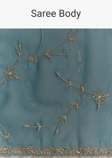 Navy Blue Floral Jaal Embroidered Tissue Saree With Cutdana And Sequins