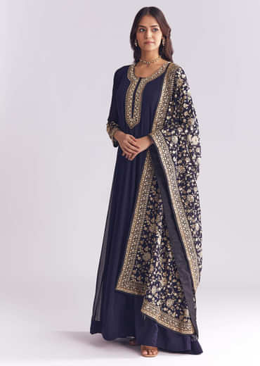 Navy Blue Georgette Anarkali Suit With Thread And Sequins Embroidery