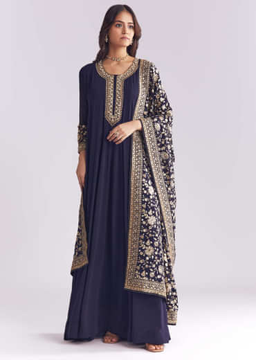 Navy Blue Georgette Anarkali Suit With Thread And Sequins Embroidery