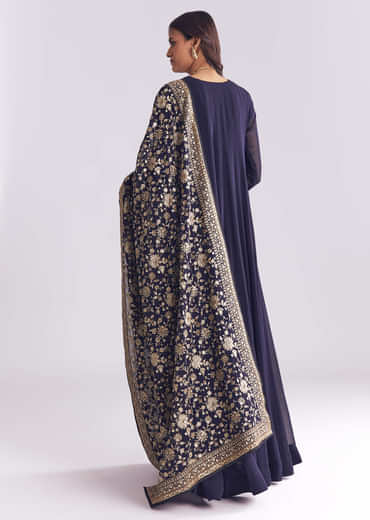 Navy Blue Georgette Anarkali Suit With Thread And Sequins Embroidery