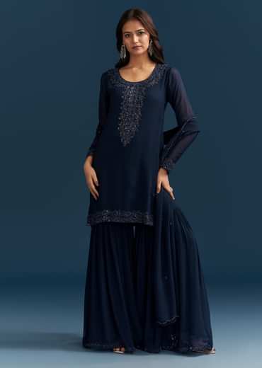Navy Blue Georgette Sharara Suit With Embroidered Kurta And Dupatta