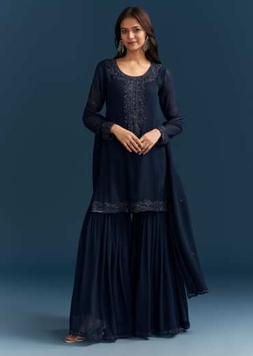Navy Blue Georgette Sharara Suit With Embroidered Kurta And Dupatta