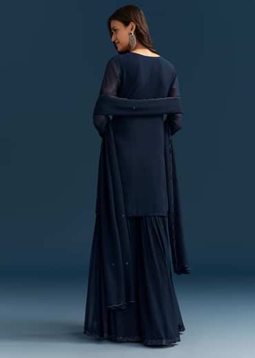 Navy Blue Georgette Sharara Suit With Embroidered Kurta And Dupatta