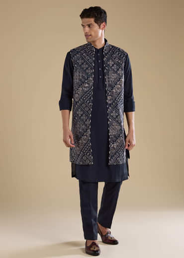 Navy Blue Jacquard Silk Jacket Kurta Set with Resham