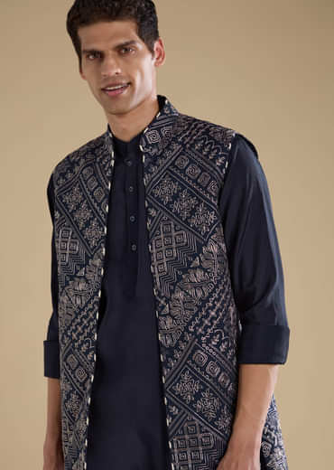 Navy Blue Jacquard Silk Jacket Kurta Set with Resham