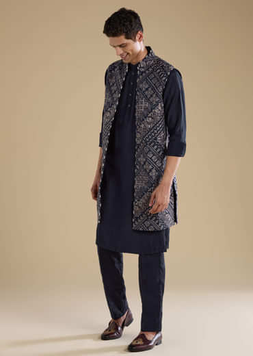 Navy Blue Jacquard Silk Jacket Kurta Set with Resham