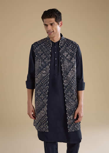 Navy Blue Jacquard Silk Jacket Kurta Set with Resham