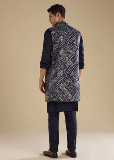 Navy Blue Jacquard Silk Jacket Kurta Set with Resham