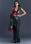 Navy Blue Jacquard Woven Saree With Intricate Zari Embroidery