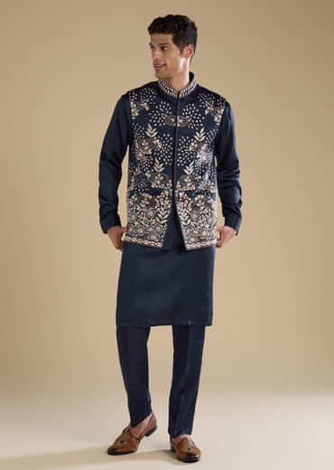 Navy Blue Linen Jacket Kurta Set with Patch Work