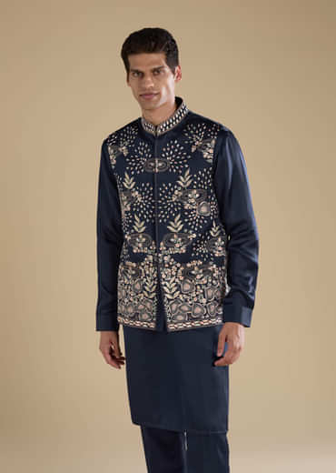 Navy Blue Linen Jacket Kurta Set with Patch Work
