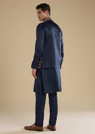 Navy Blue Linen Jacket Kurta Set with Patch Work
