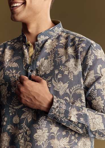 Navy Blue Linen Kurta Set Embellished With Intricate Kantha Stitching