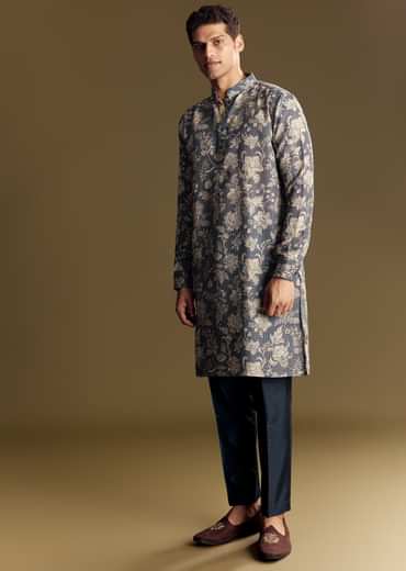 Navy Blue Linen Kurta Set Embellished With Intricate Kantha Stitching