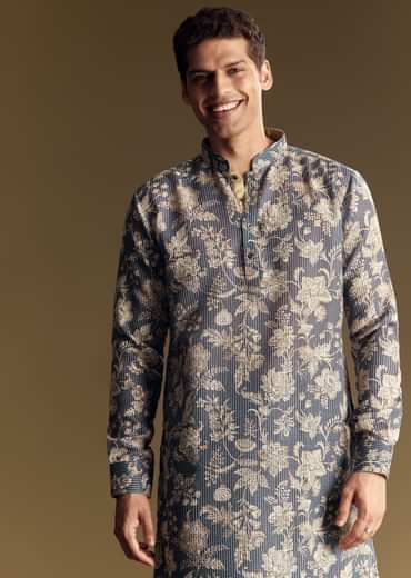 Navy Blue Linen Kurta Set Embellished With Intricate Kantha Stitching