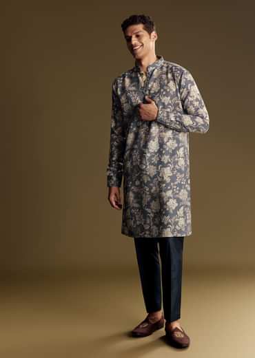 Navy Blue Linen Kurta Set Embellished With Intricate Kantha Stitching