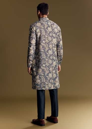 Navy Blue Linen Kurta Set Embellished With Intricate Kantha Stitching