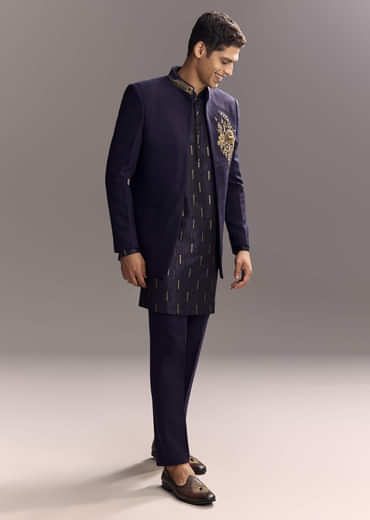 Navy Blue Matka Silk Jodhpuri Suit For Men With Hand Embroidery