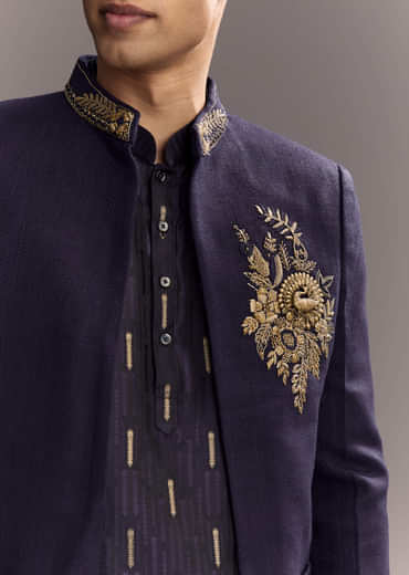 Navy Blue Matka Silk Jodhpuri Suit For Men With Hand Embroidery