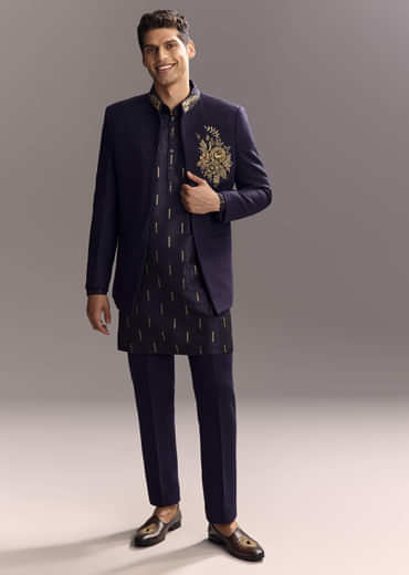 Navy Blue Matka Silk Jodhpuri Suit For Men With Hand Embroidery