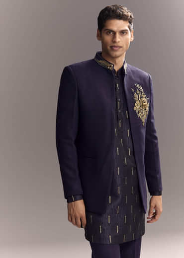 Navy Blue Matka Silk Jodhpuri Suit For Men With Hand Embroidery
