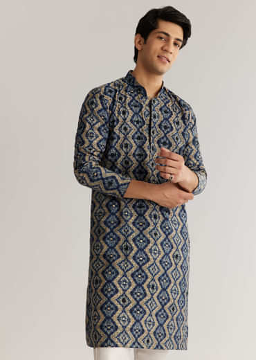 Navy Blue Modal Chanderi Sequin Embroidered  Kurta Set