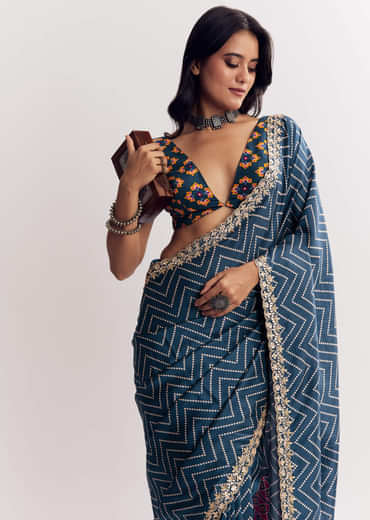 Navy Blue Muslin Ajrakh Printed Saree With Gota And Mirror Work