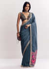 Navy Blue Muslin Ajrakh Printed Saree With Gota And Mirror Work