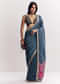 Navy Blue Muslin Ajrakh Printed Saree With Gota And Mirror Work