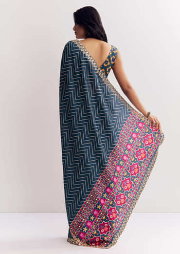 Navy Blue Muslin Ajrakh Printed Saree With Gota And Mirror Work