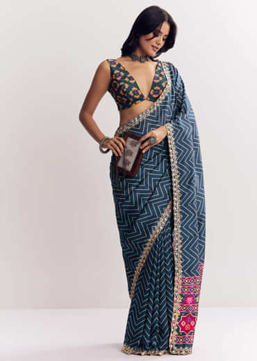 Navy Blue Muslin Ajrakh Printed Saree With Gota And Mirror Work