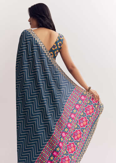 Navy Blue Muslin Ajrakh Printed Saree With Gota And Mirror Work