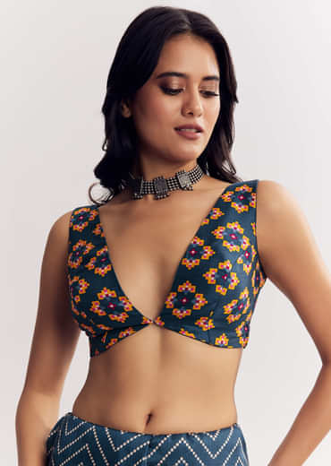 Navy Blue Muslin Ajrakh Printed Saree With Gota And Mirror Work