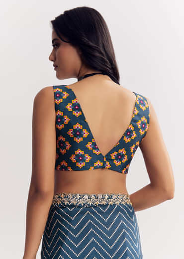 Navy Blue Muslin Ajrakh Printed Saree With Gota And Mirror Work