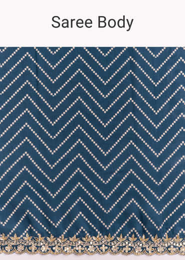 Navy Blue Muslin Ajrakh Printed Saree With Gota And Mirror Work