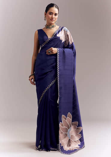 Navy Blue Organza Silk Saree With Floral Embroidery And Cutwork