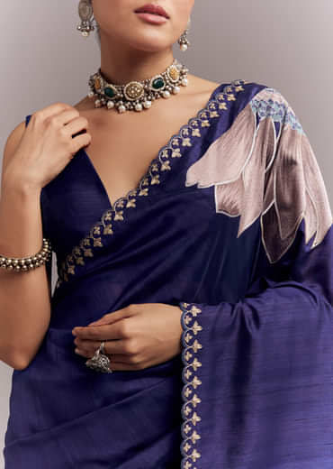 Navy Blue Organza Silk Saree With Floral Embroidery And Cutwork