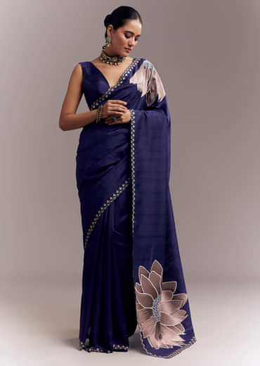 Navy Blue Organza Silk Saree With Floral Embroidery And Cutwork