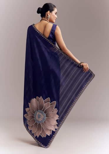 Navy Blue Organza Silk Saree With Floral Embroidery And Cutwork
