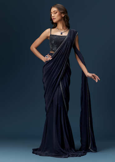 Navy Blue Pre Draped Saree With Embroidered Blouse