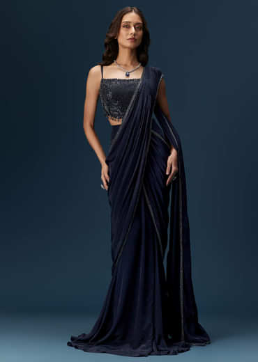 Navy Blue Pre Draped Saree With Embroidered Blouse