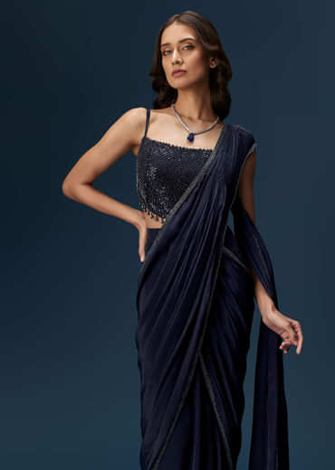 Navy Blue Pre Draped Saree With Embroidered Blouse