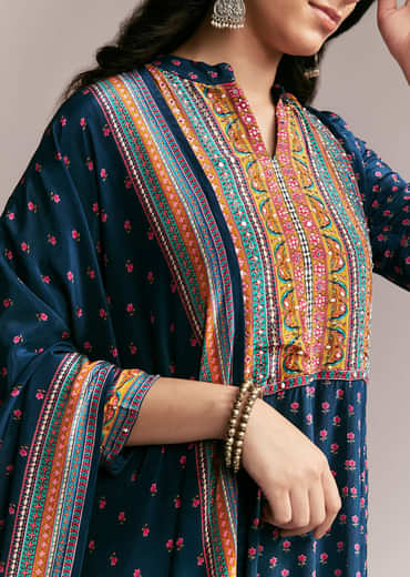 Navy Blue Printed Anarkali Set