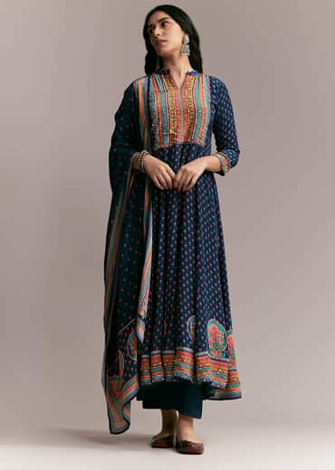 Navy Blue Printed Anarkali Set