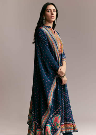 Navy Blue Printed Anarkali Set