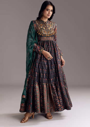 Navy Blue Printed Silk Anarkali With Dupatta