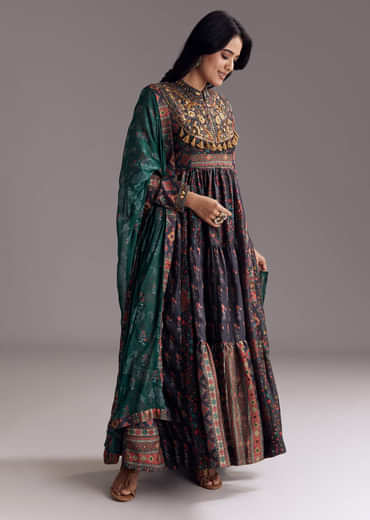 Navy Blue Printed Silk Anarkali With Dupatta