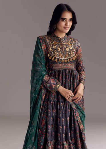 Navy Blue Printed Silk Anarkali With Dupatta